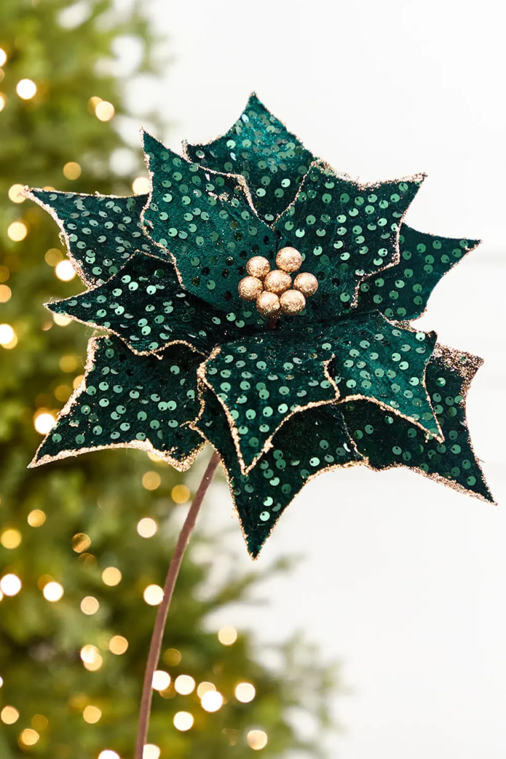 Decorator's Warehouse 20" x 12” Emerald & Gold Sequin Poinsettia Stem > Christmas Decor|Jewel Tones