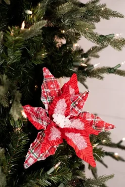 Decorator's Warehouse 34” x 13" Frost Snowflake Plaid Velvet Poinsettia Stem > Christmas Sale|Christmas Flowers