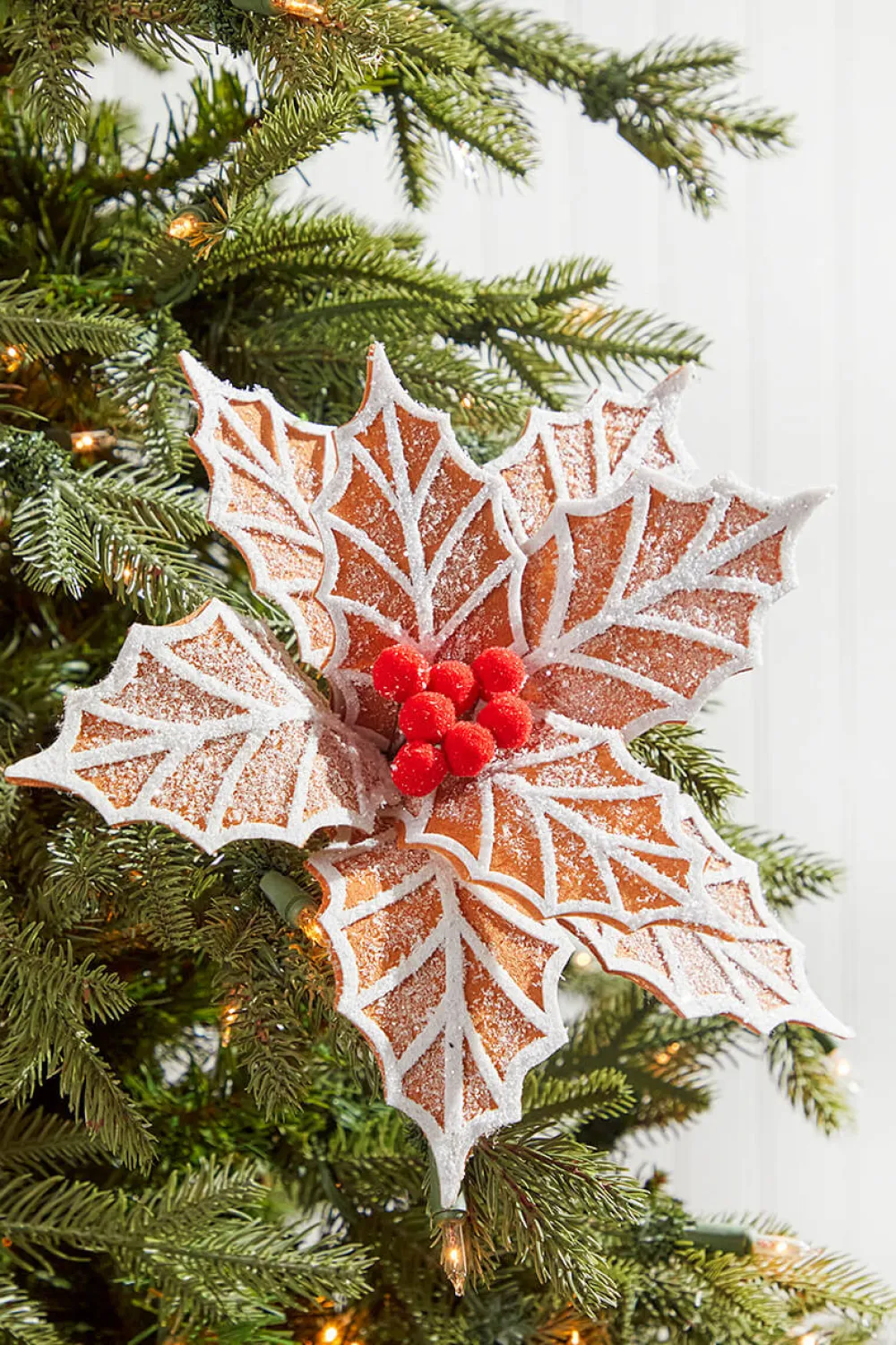 Decorator's Warehouse 22" x 12" Ginger and White Frosted Poinsettia Stem with Red Berries > Christmas Decor|Christmas Flowers