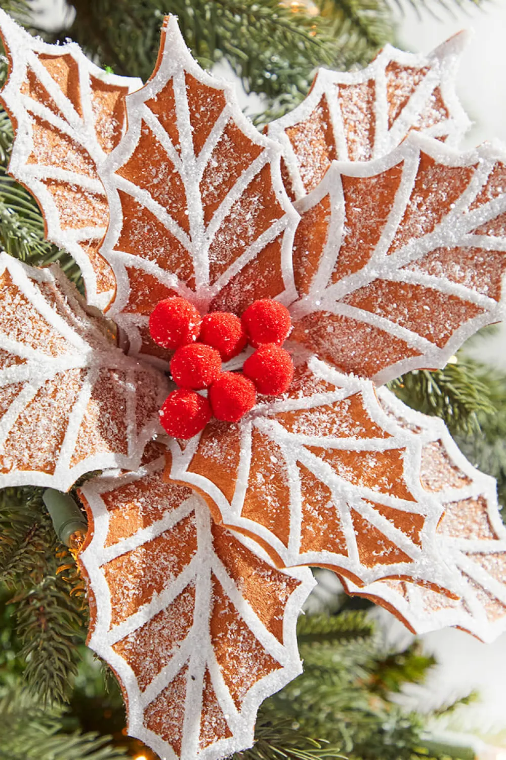 Decorator's Warehouse 22" x 12" Ginger and White Frosted Poinsettia Stem with Red Berries > Christmas Decor|Christmas Flowers