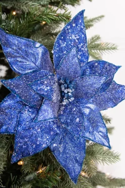 Decorator's Warehouse 24” x 11" Glitter Iced Poinsettia Stem - Midnight Blue > Nutcracker|Christmas Decor