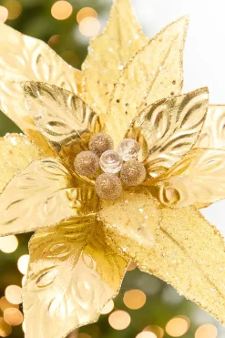 Decorator's Warehouse 24" x 10" Gold Glitter Edge & Bead Poinsettia Stem > Nutcracker|Christmas Decor