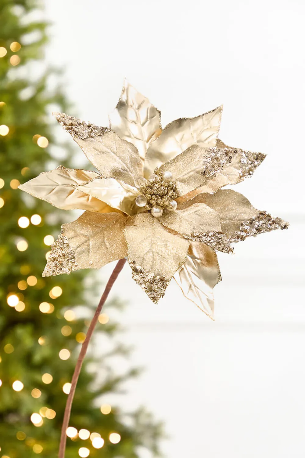 Decorator's Warehouse 22" x 11” Gold Metallic Glitter Poinsettia Stem > Christmas Decor|Merry & Bright