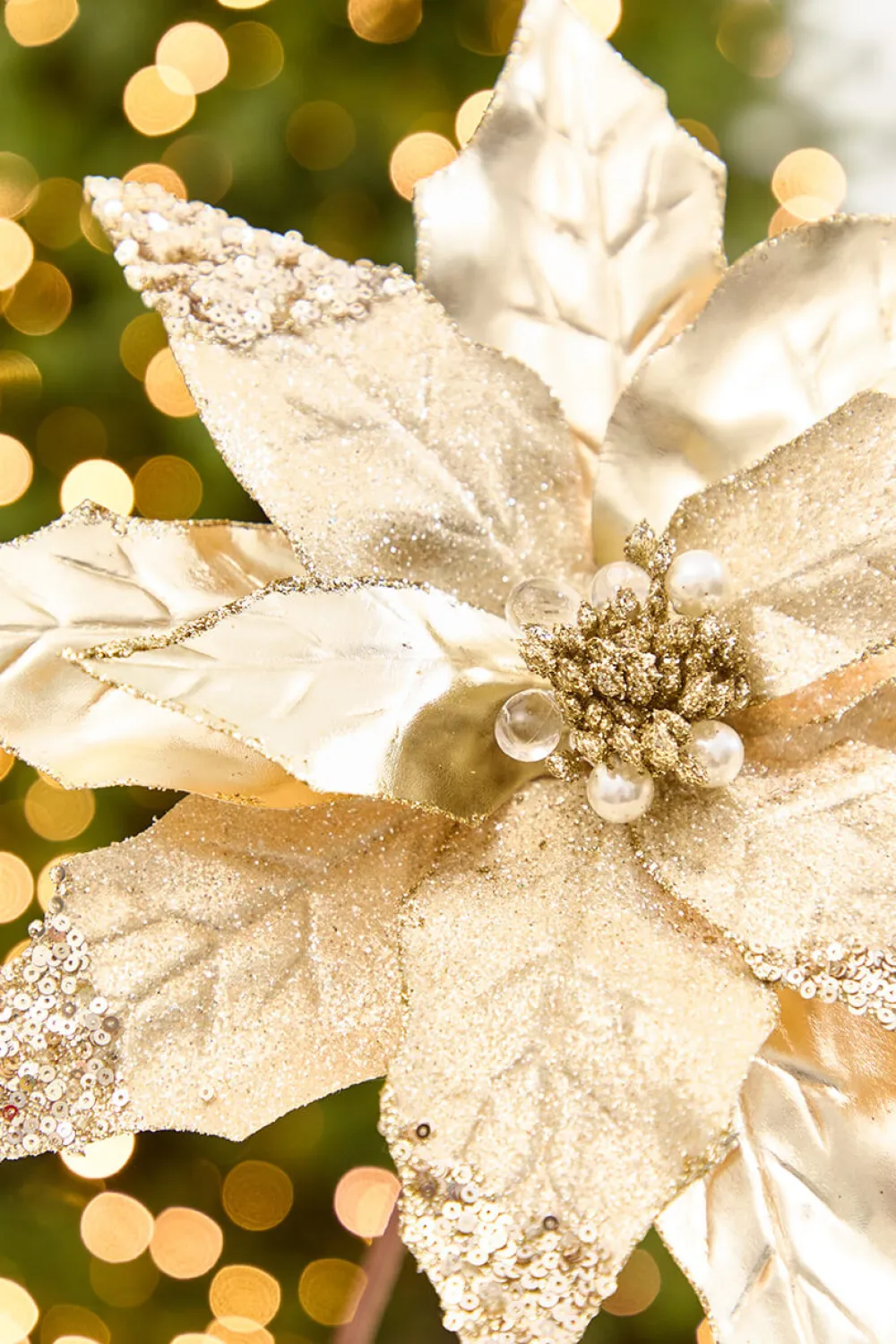 Decorator's Warehouse 22" x 11” Gold Metallic Glitter Poinsettia Stem > Christmas Decor|Merry & Bright
