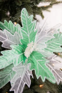 Decorator's Warehouse 24” x 13" Green & White Frosted Glitter Poinsettia Stem > Christmas Sale|Christmas Decor