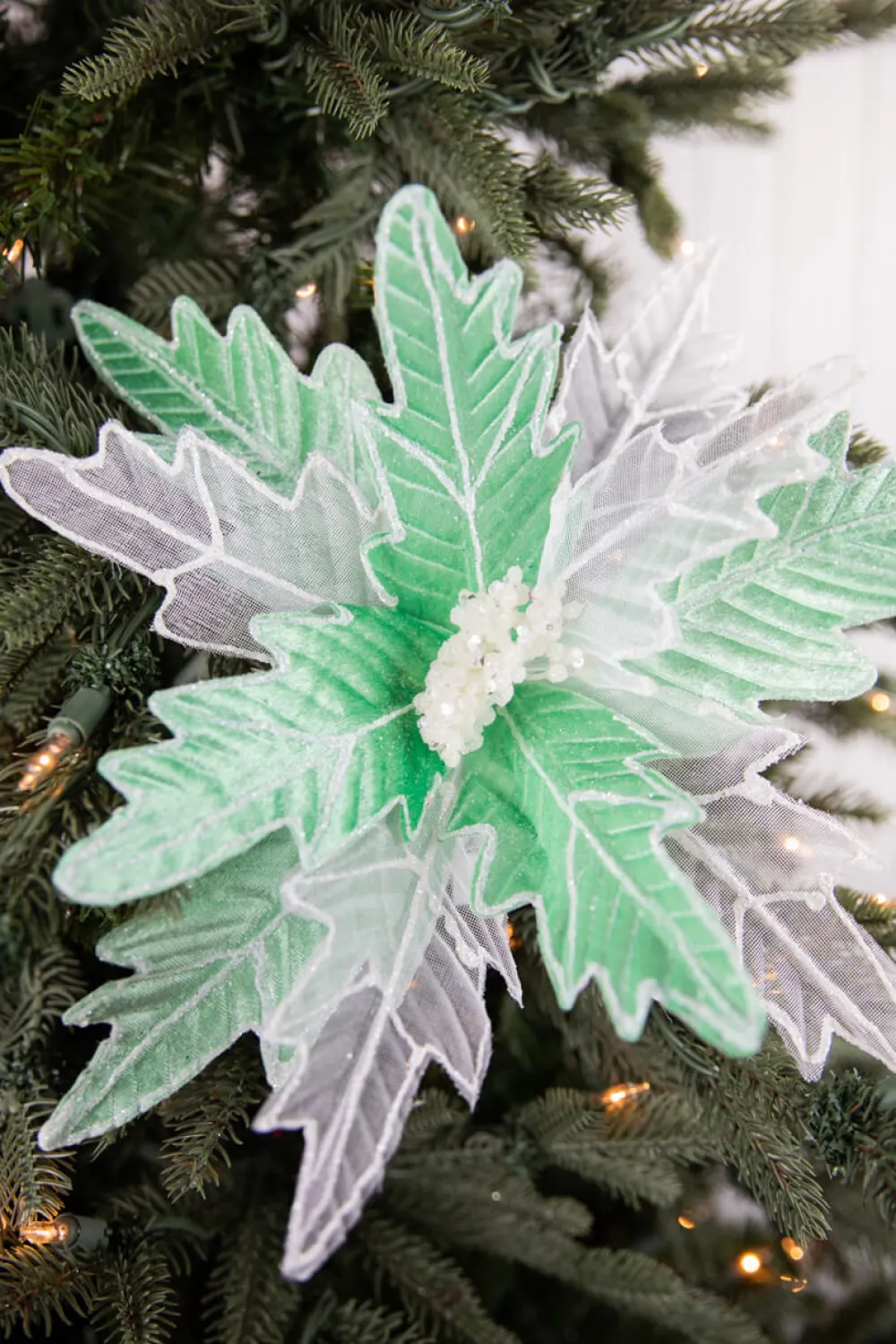 Decorator's Warehouse 24” x 13" Green & White Frosted Glitter Poinsettia Stem > Christmas Sale|Christmas Decor