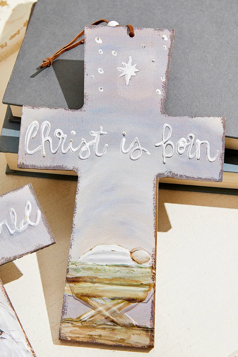 Decorator's Warehouse 9" x 5.75" Grey Cross Jesus at Birth Ornament > Christmas Decor|Nativity Ornaments