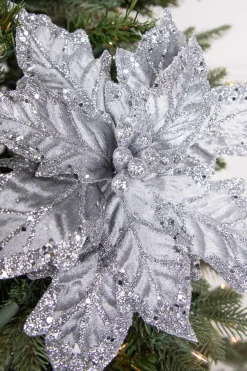 Decorator's Warehouse 24" x 12" Leafy Silver Poinsettia Stem > White Christmas|Christmas Flowers