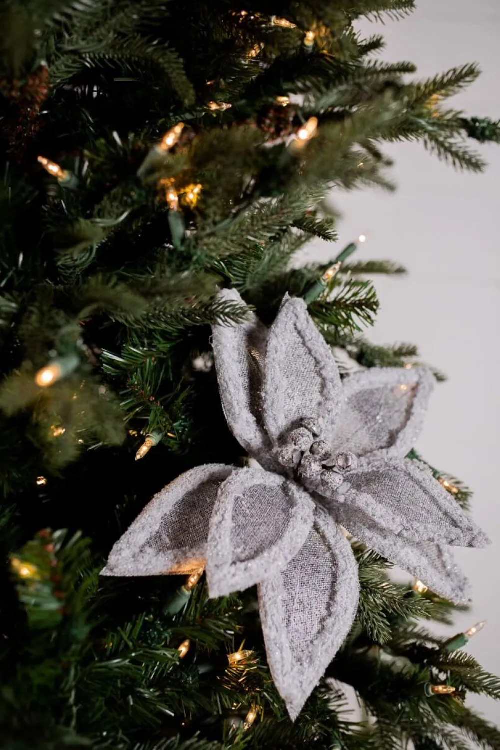 Decorator's Warehouse 22” x 12.5" Linen Frost Poinsettia Stem - Gray > Christmas Flowers|Christmas Decor