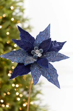 Decorator's Warehouse 24" x 10" Navy Glitter Edge & Bead Poinsettia Stem > Nutcracker|Christmas Decor