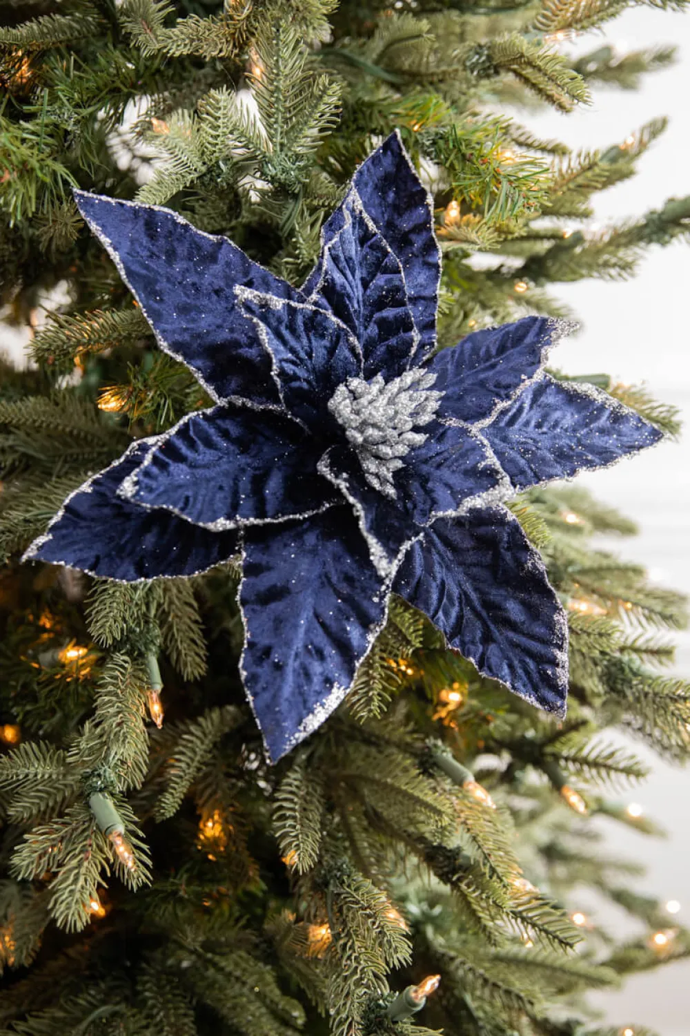 Decorator's Warehouse 24” x 12.5" Navy Glitter Edge Velvet Poinsettia Stem > Christmas Sale|Christmas Decor
