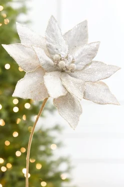 Decorator's Warehouse 21" x 10.5" Platinum Glitter Poinsettia Stem > Christmas Decor|Natural Elegance