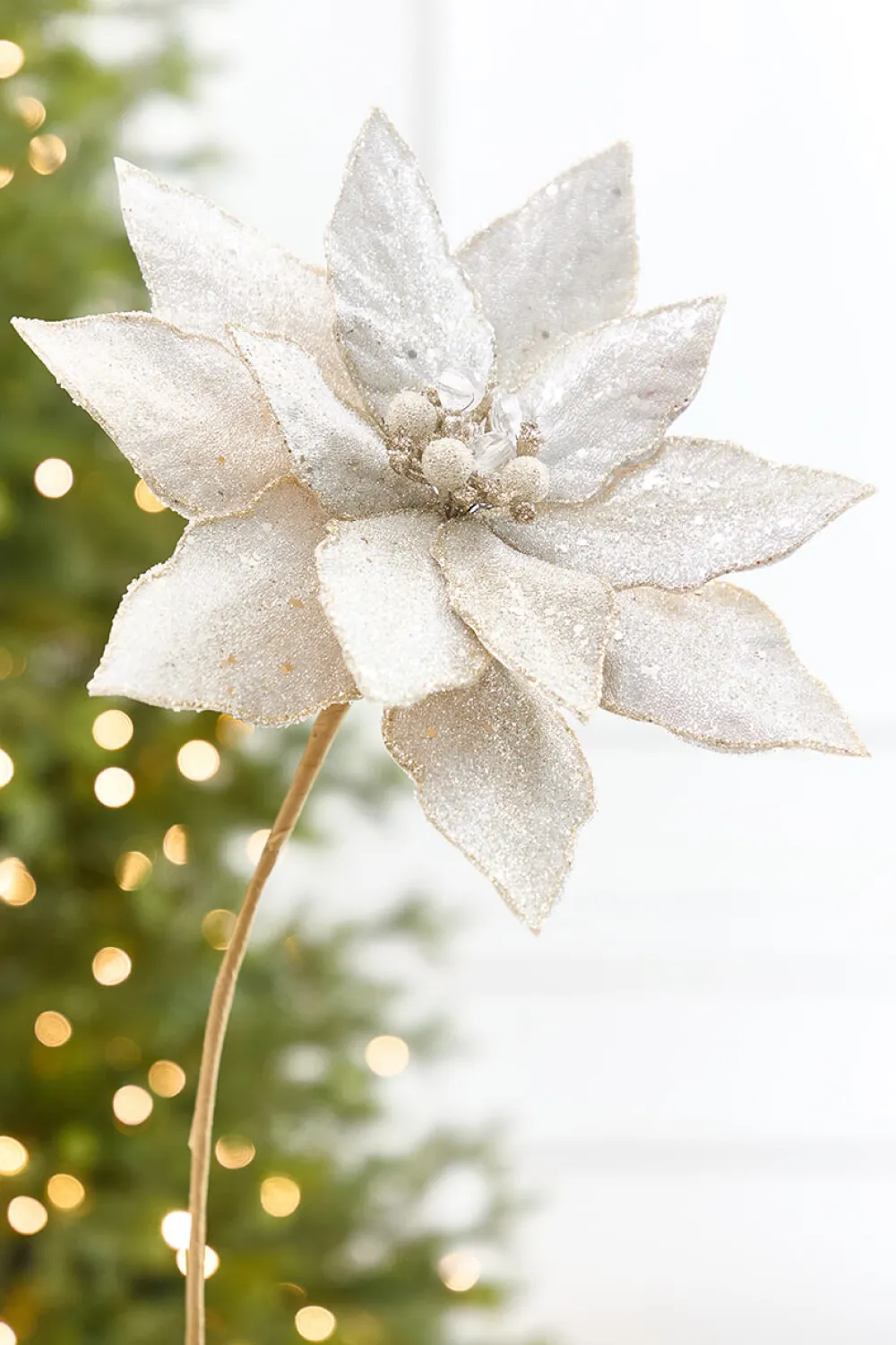 Decorator's Warehouse 21" x 10.5" Platinum Glitter Poinsettia Stem > Christmas Decor|Natural Elegance