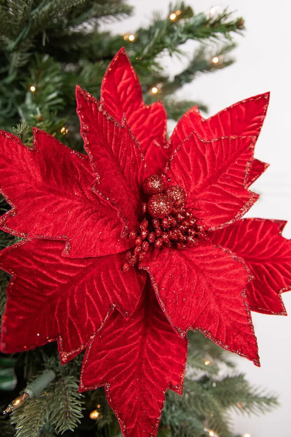 Decorator's Warehouse 24” x 11" Poinsettia Stem - Red with Red Glitter > Cardinal|Christmas Decor