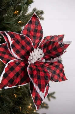 Decorator's Warehouse 22” x 11" Red and Black Plaid Poinsettia Stem > Cardinal|Christmas Sale