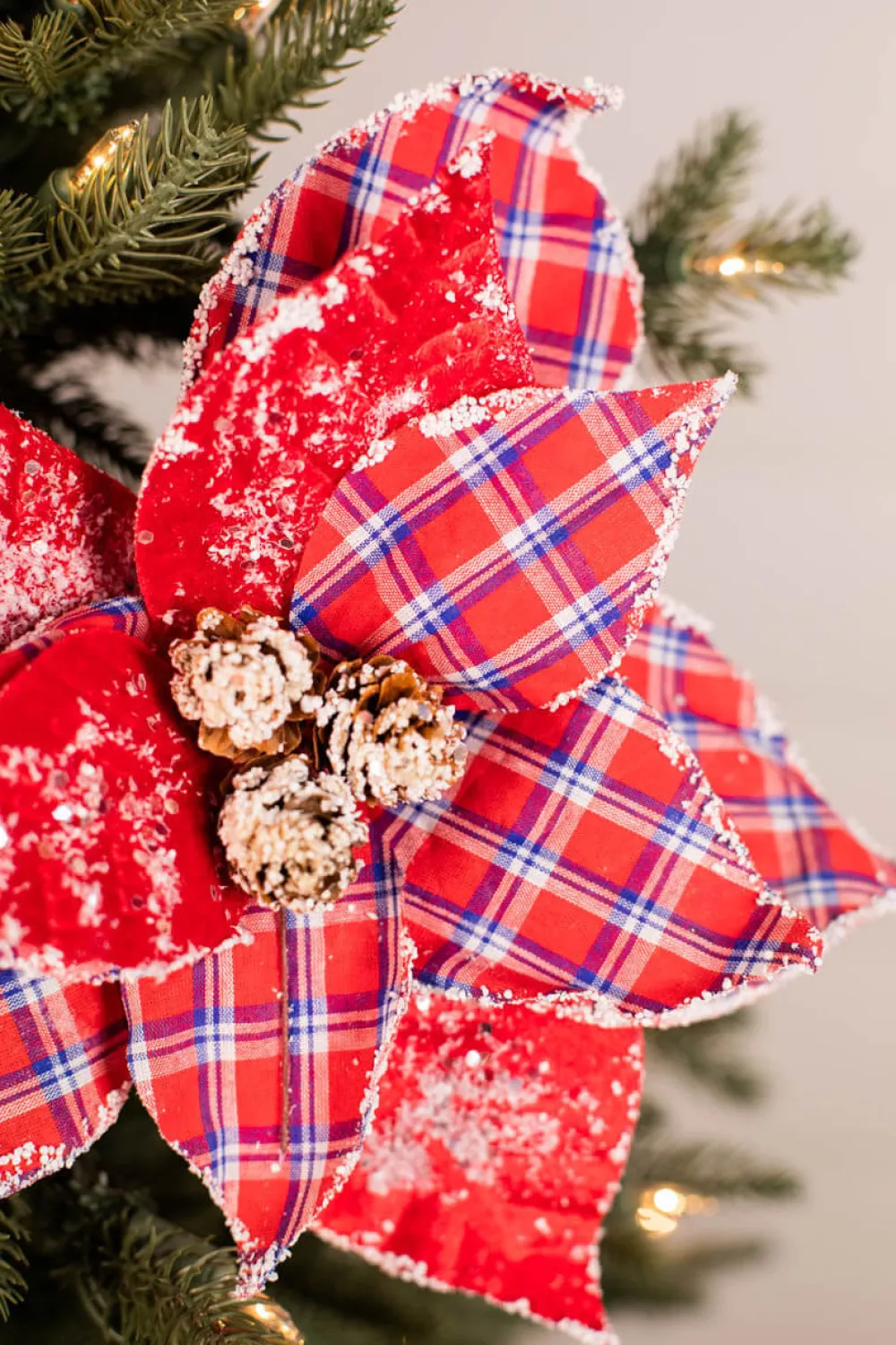 Decorator's Warehouse 22” x 11” Red and Blue Plaid Poinsettia Stem > Patriotic Decor|Patriotic Decor