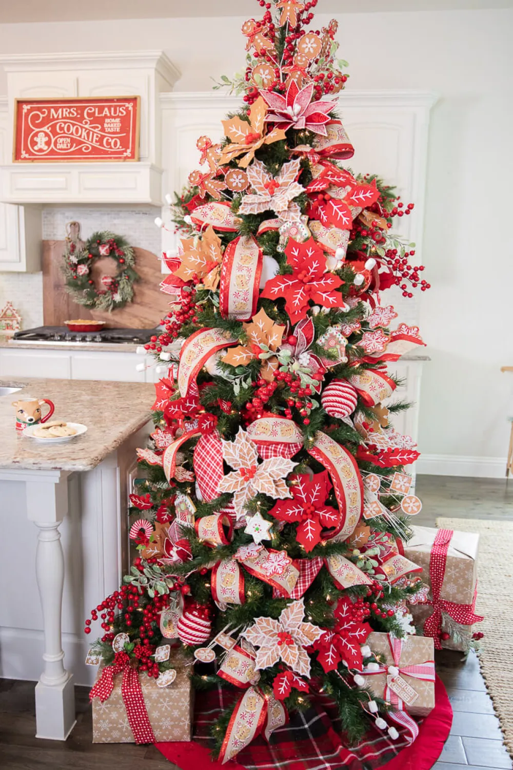 Decorator's Warehouse 22” x 11" Red and White Poinsettia Stem with Red Berries > Christmas Decor|Christmas Flowers