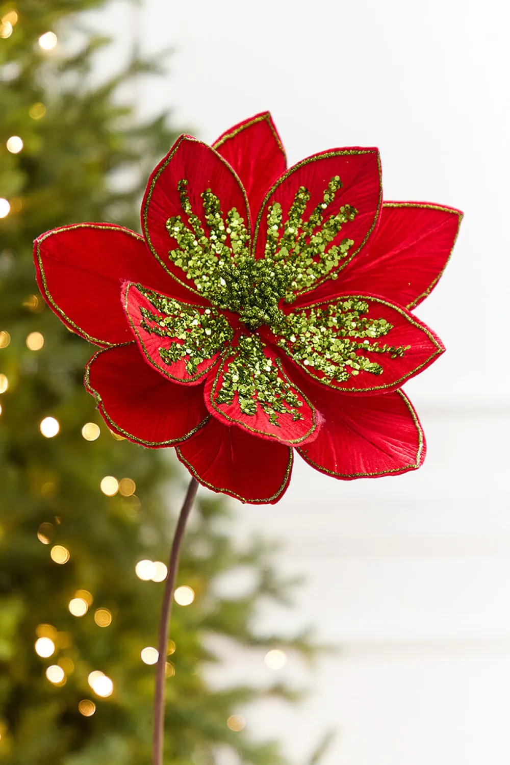 Decorator's Warehouse 22" x 11" Red & Apple Green Glitter Poinsettia Stem > Christmas Decor|Retro Brites