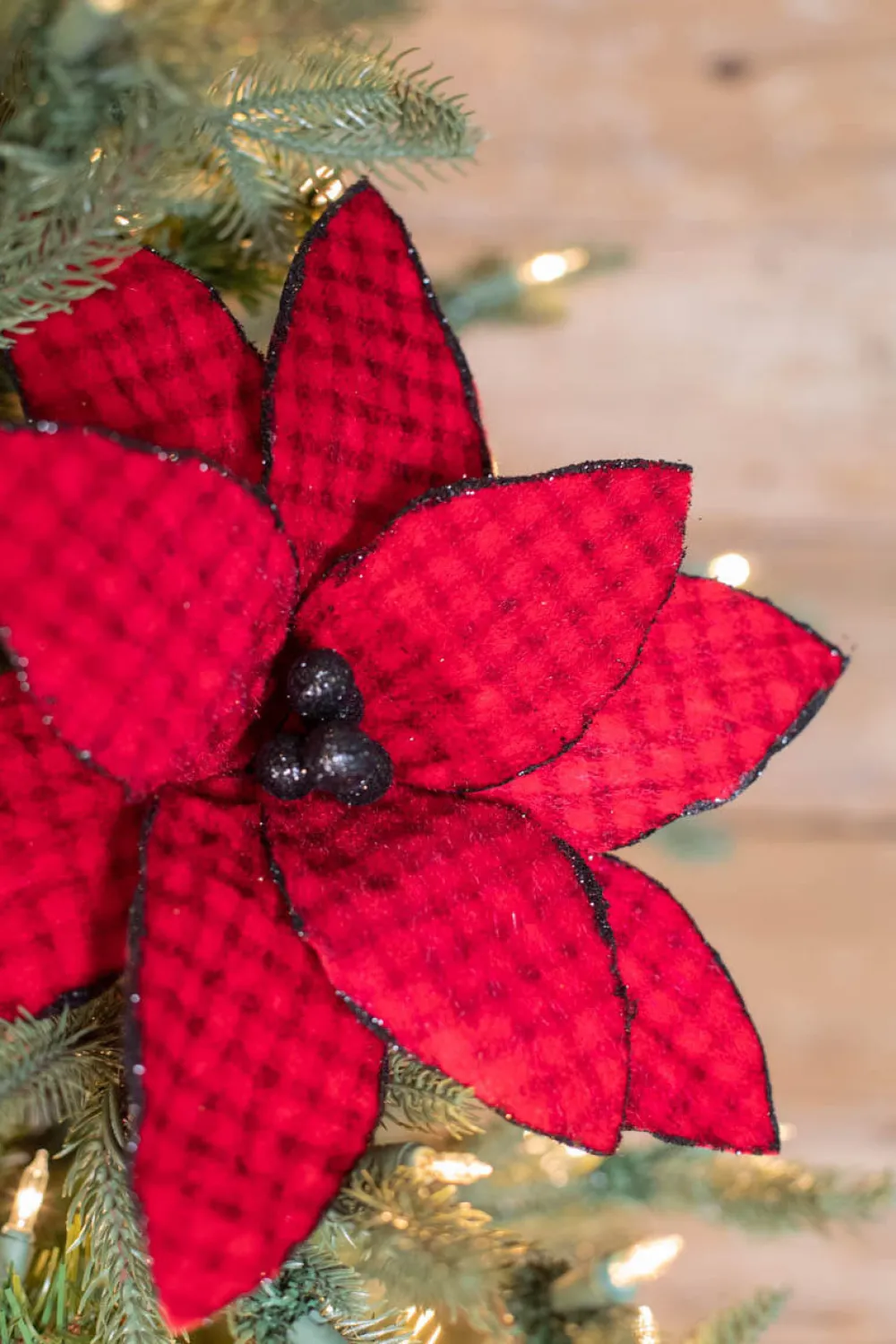 Decorator's Warehouse 24” x 14" Red/Black Buffalo Check Velvet Poinsettia Stem > Farmhouse|Christmas Sale