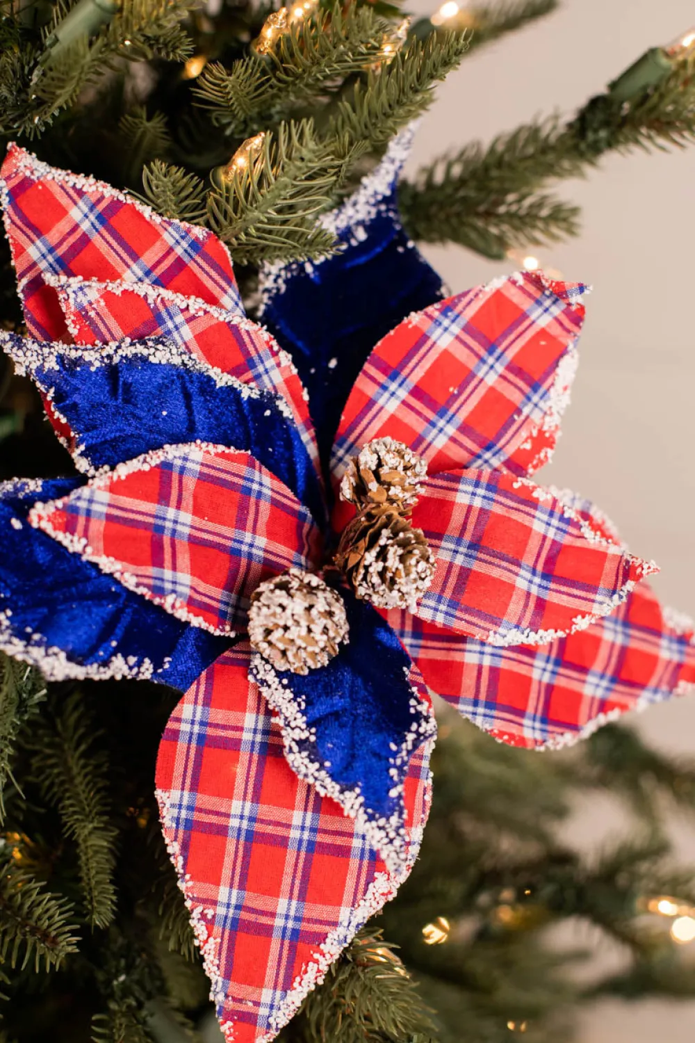 Decorator's Warehouse 22” x 11" Red & Blue Plaid Poinsettia Stem > Patriotic Decor|Patriotic Decor
