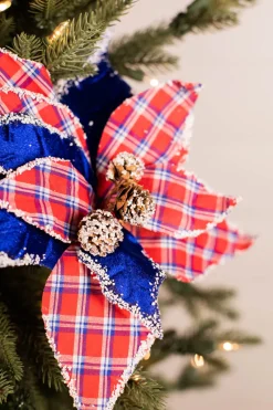 Decorator's Warehouse 22” x 11" Red & Blue Plaid Poinsettia Stem > Patriotic Decor|Patriotic Decor