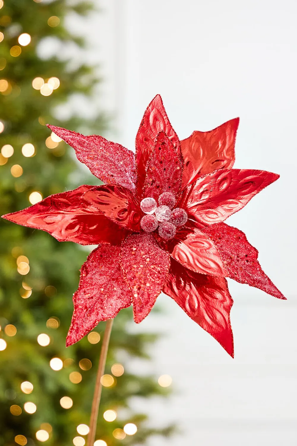 Decorator's Warehouse 24" x 10" Red Glitter Edge & Bead Poinsettia Stem > Nutcracker|Christmas Decor