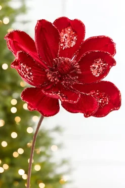Decorator's Warehouse 21" x 10" Red Glitter Magnolia Stem > Nutcracker|Christmas Decor