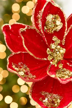 Decorator's Warehouse 19" x 10" Red & Gold Glitter Magnolia Stem > 2026 New Additions|Classic Christmas
