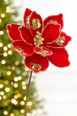 Decorator's Warehouse 19" x 10" Red & Gold Glitter Magnolia Stem > 2026 New Additions|Classic Christmas
