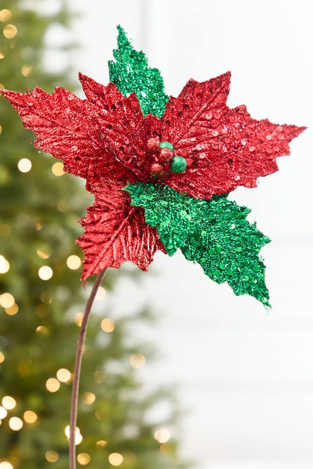 Decorator's Warehouse 19" x 12" Red & Green Glitter Poinsettia Stem > Traditional|Christmas Sale