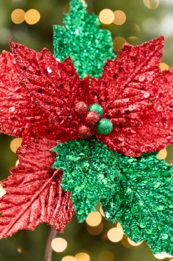 Decorator's Warehouse 19" x 12" Red & Green Glitter Poinsettia Stem > Traditional|Christmas Sale