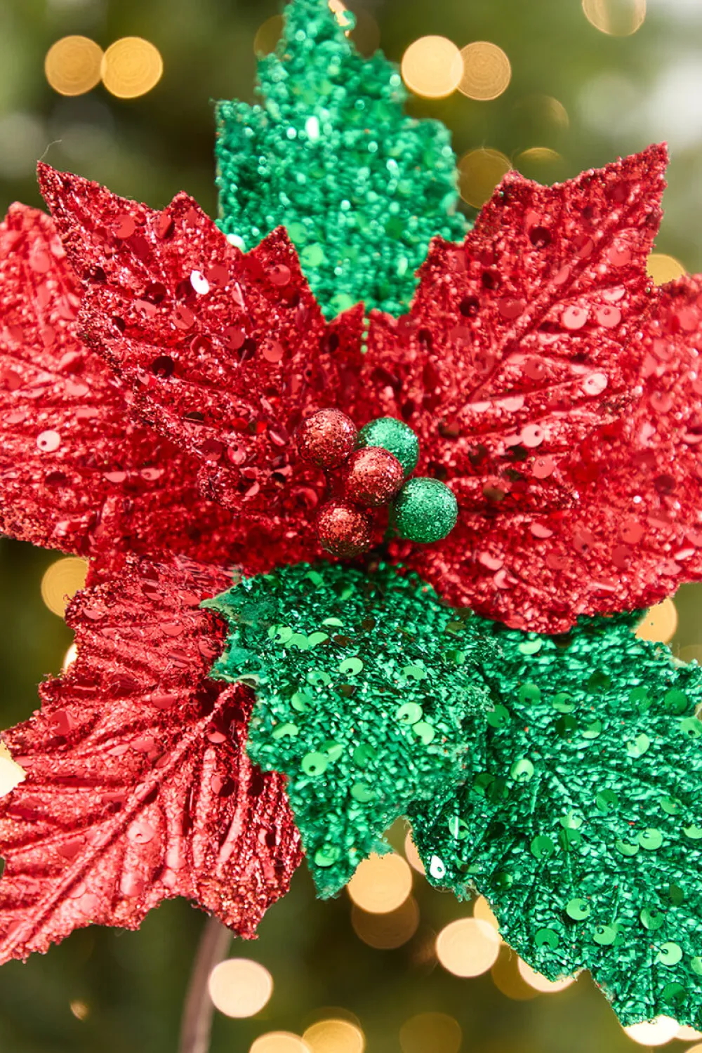 Decorator's Warehouse 19" x 12" Red & Green Glitter Poinsettia Stem > Traditional|Christmas Sale