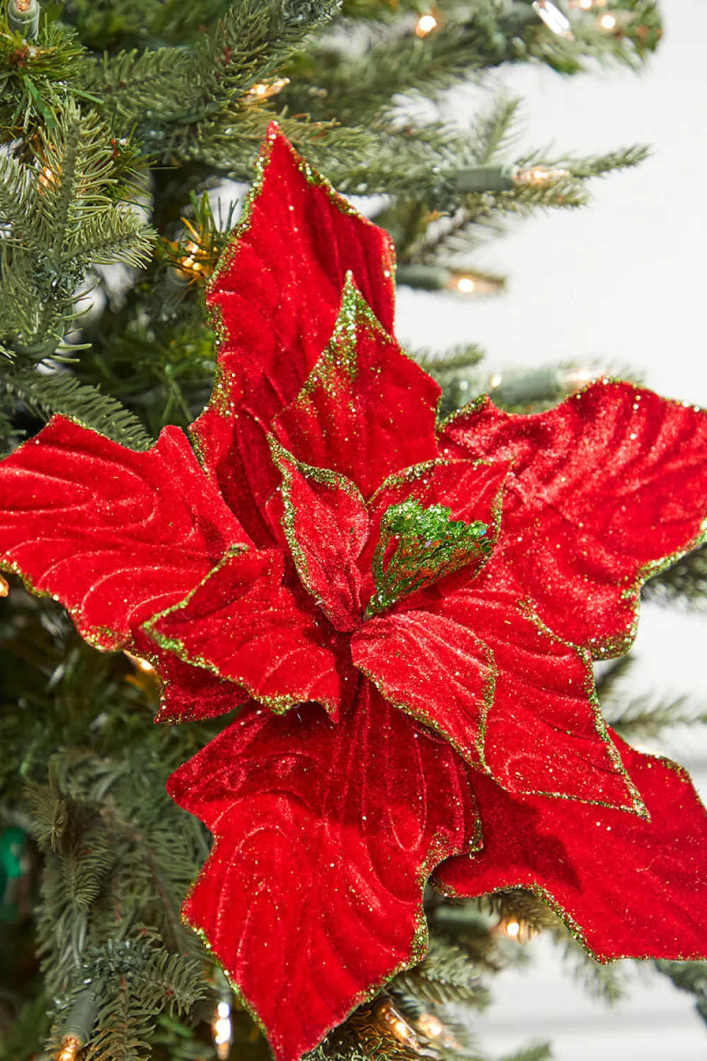 Decorator's Warehouse 13” x 12" Red & Green Velvet Poinsettia Stem > Christmas Decor|Storyville
