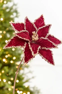 Decorator's Warehouse 19" x 13" Red & Platinum Velvet Poinsettia Stem > Jewel Tones|2026 New Additions