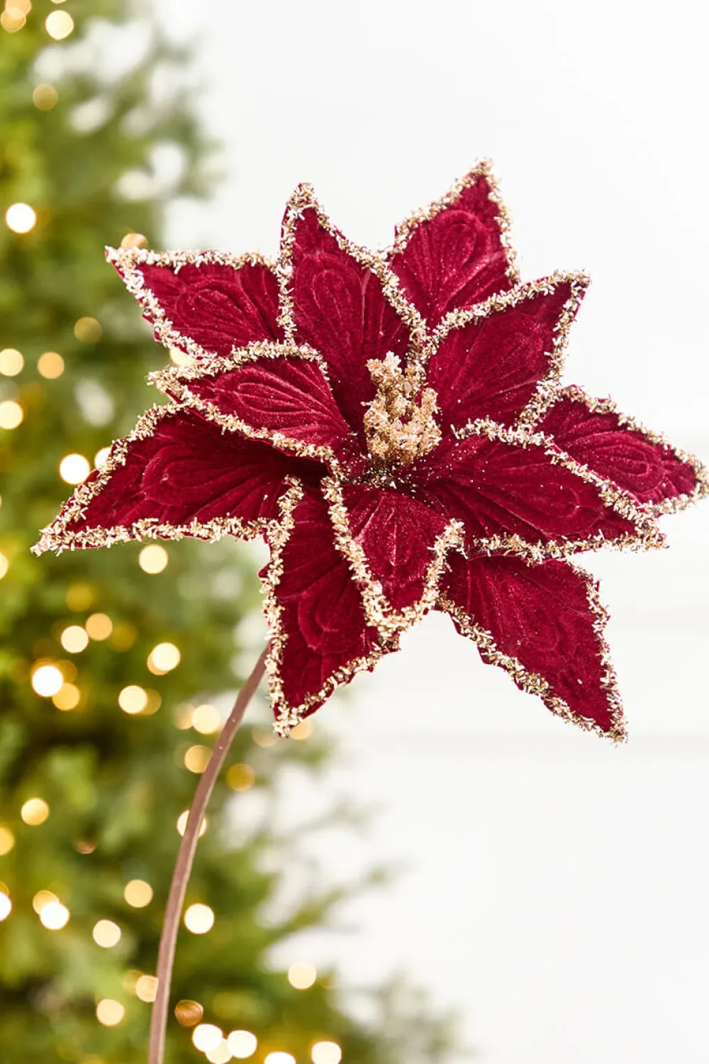 Decorator's Warehouse 19" x 13" Red & Platinum Velvet Poinsettia Stem > Jewel Tones|2026 New Additions