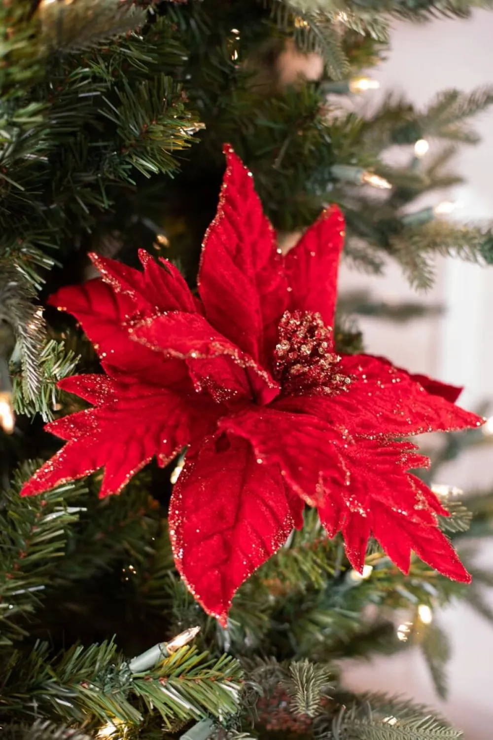 Decorator's Warehouse 20” x 12" Red Velvet Gold Mix Glitter Poinsettia Stem > Nutcracker|Classic Christmas