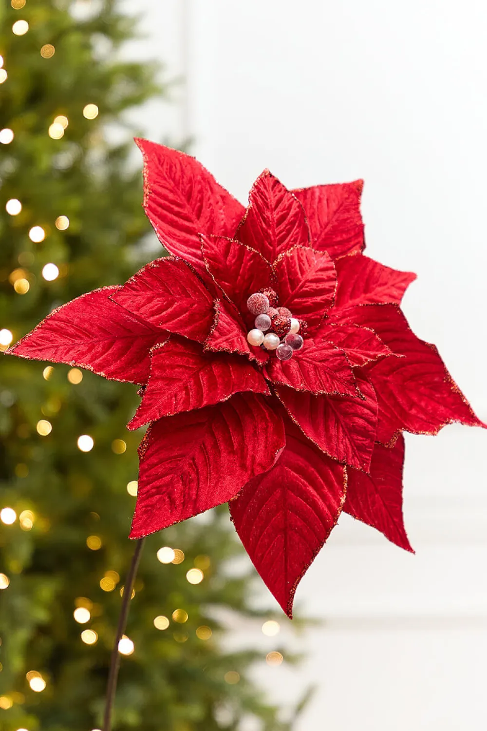 Decorator's Warehouse 19" x 15" Red Velvet Jewel Poinsettia Stem > Christmas Decor|Red & Silver