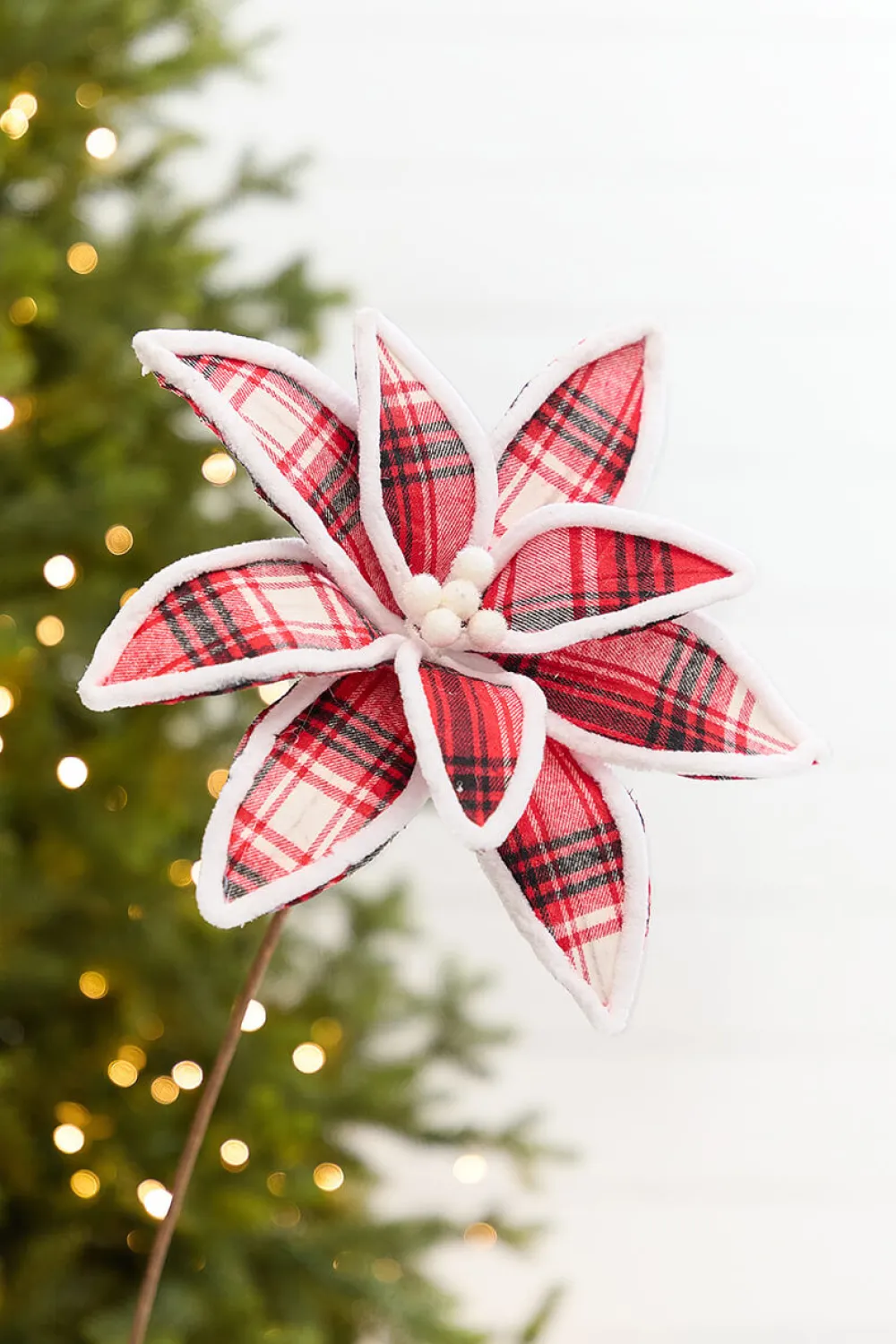 Decorator's Warehouse 19" x 12.5" Red & White Black Plaid Poinsettia Pick > Christmas Flowers|Christmas Decor