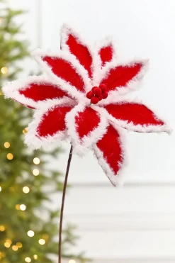 Decorator's Warehouse 20" x 12" Red & White Fur Edge Poinsettia Stem > Christmas Decor|Storyville