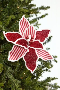 Decorator's Warehouse 20" x 13" Red & White Striped Glitter Poinsettia Stem > Believe|Farmhouse
