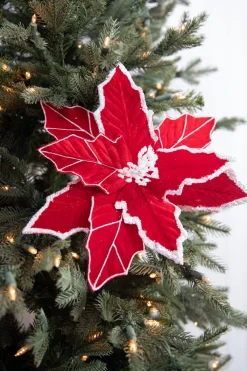 Decorator's Warehouse 22” x 13" Red/White Velvet Glitter Poinsettia > Red & Silver|Christmas Decor