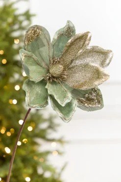 Decorator's Warehouse 22" x 11" Sage & Platinum Velvet Glitter Magnolia Stem > Christmas Decor|2026 New Additions