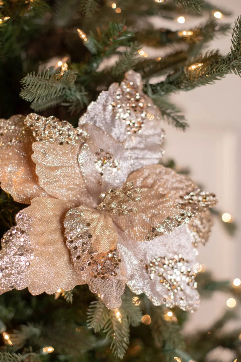 Decorator's Warehouse 19” x 12.5" Sequin Glitter Sheer Poinsettia Stem > Sugar & Spice|Christmas Decor
