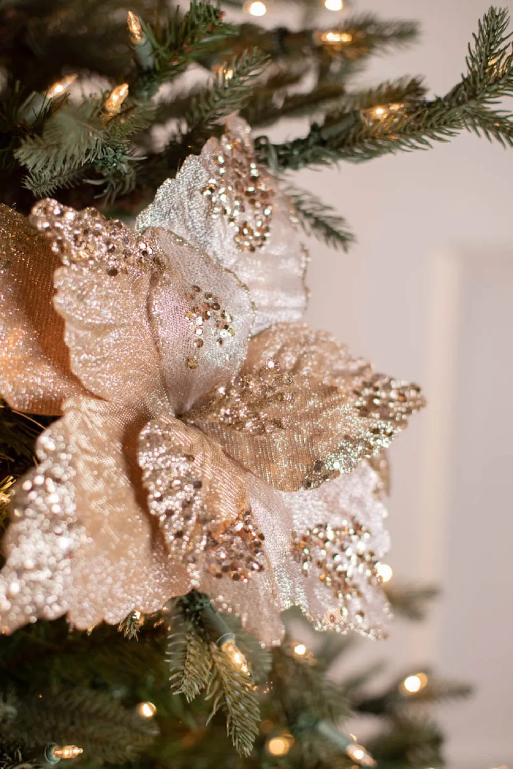 Decorator's Warehouse 19” x 12.5" Sequin Glitter Sheer Poinsettia Stem > Sugar & Spice|Christmas Decor