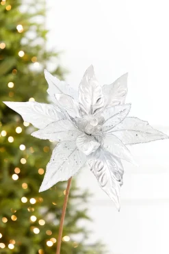Decorator's Warehouse 24" x 10" Silver Glitter Edge & Bead Poinsettia Stem > White Christmas|Christmas Decor