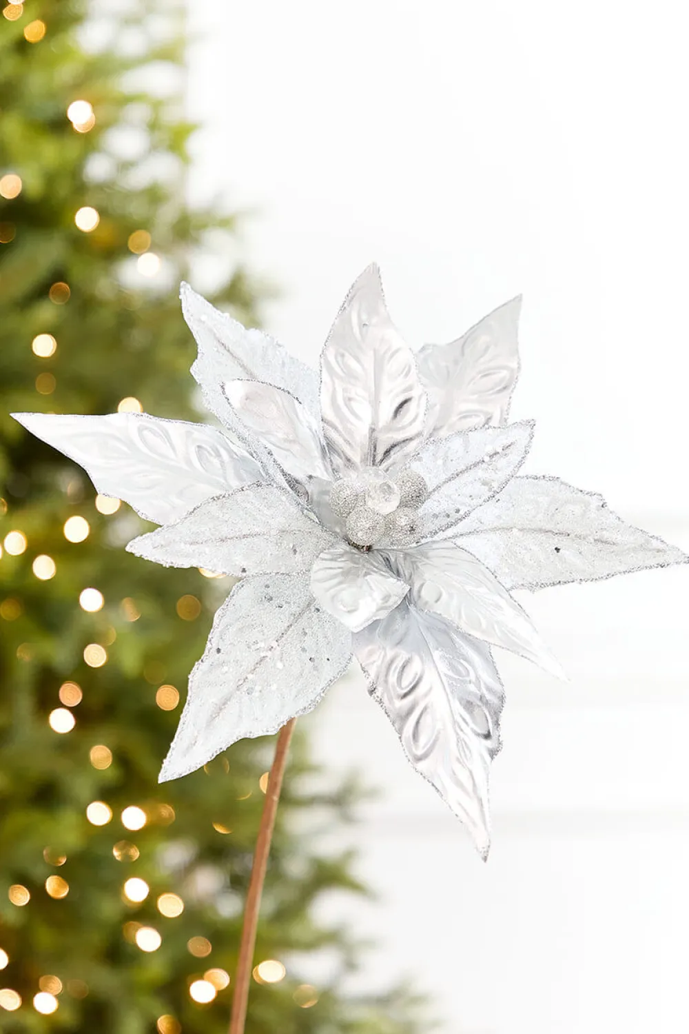 Decorator's Warehouse 24" x 10" Silver Glitter Edge & Bead Poinsettia Stem > White Christmas|Christmas Decor