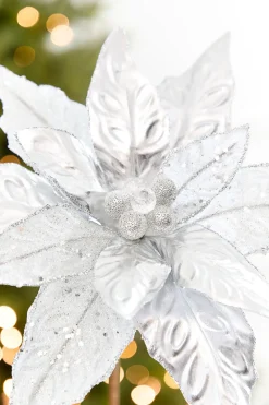 Decorator's Warehouse 24" x 10" Silver Glitter Edge & Bead Poinsettia Stem > White Christmas|Christmas Decor