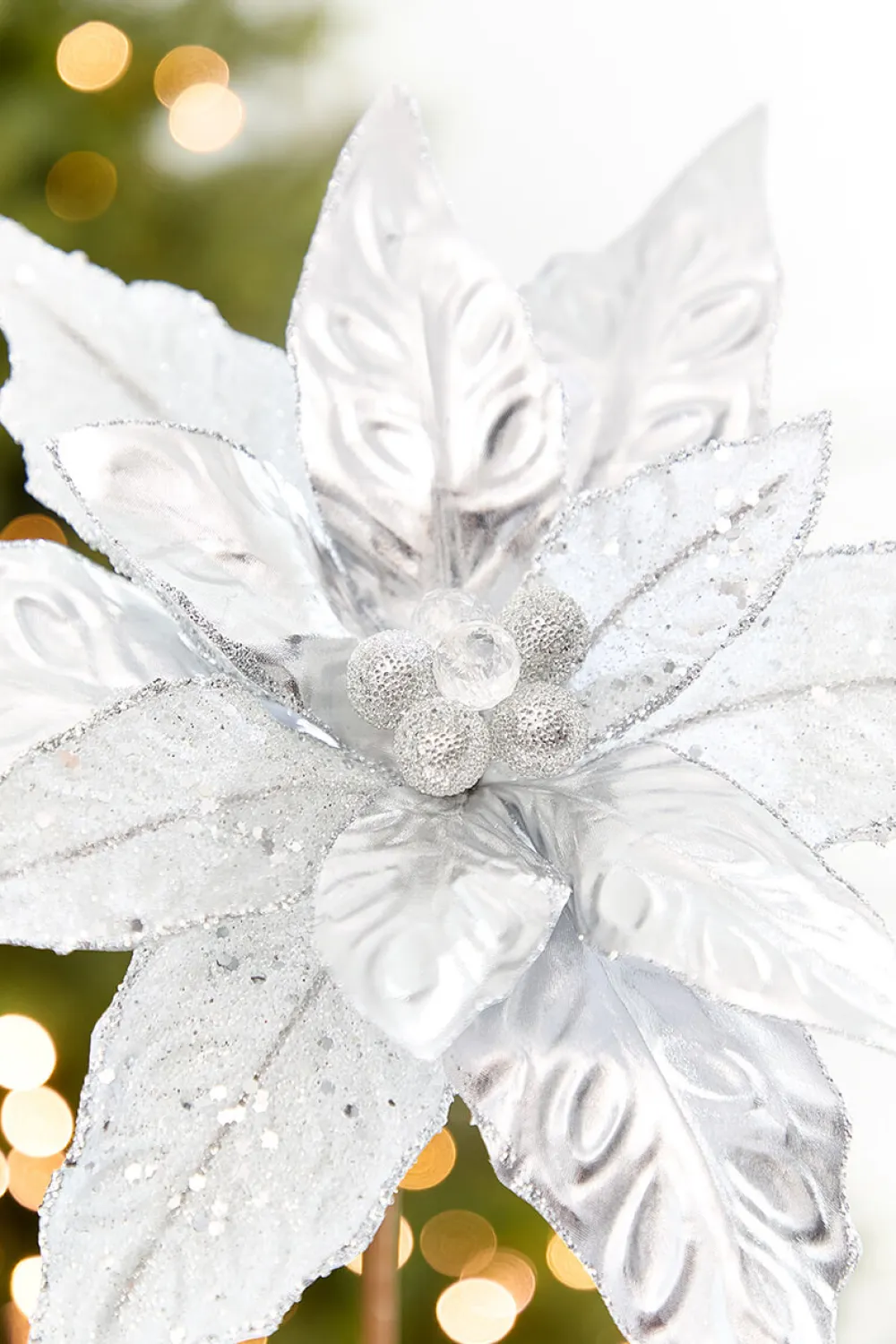 Decorator's Warehouse 24" x 10" Silver Glitter Edge & Bead Poinsettia Stem > White Christmas|Christmas Decor