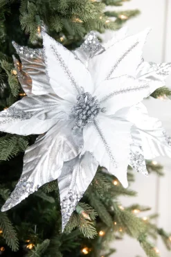Decorator's Warehouse 31” x 17" Silver & White Sequin Glitter Poinsettia > White Christmas|Christmas Decor