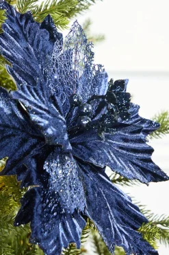 Decorator's Warehouse 20" x 12" Velvet Glitter Poinsettia - Navy > Christmas Decor|Merry & Bright